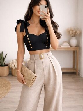 Tie-Shoulder Black Crop Top with Gold Button Detail